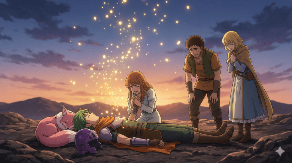 『黙示録の四騎士』第16巻。精霊として目覚めたパーシバルの決断と、仲間たちへの想いを残した別れのシーン。