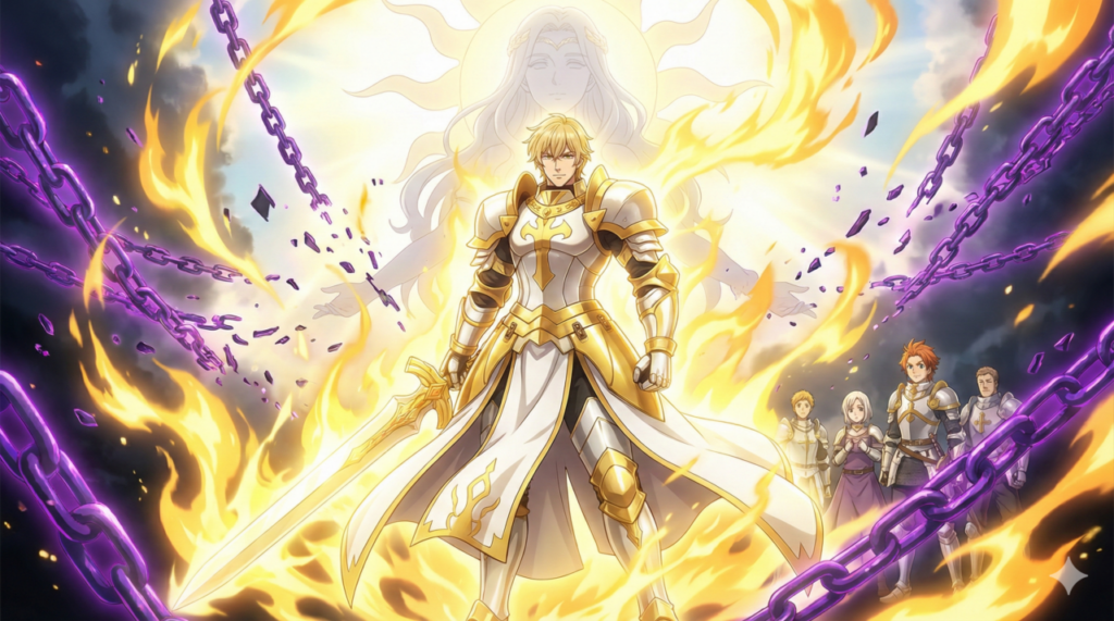 『黙示録の四騎士』第21巻。ガウェインが秘められた「太陽」の魔力を解放し、戦場を照らす一筋の光となるシーン。