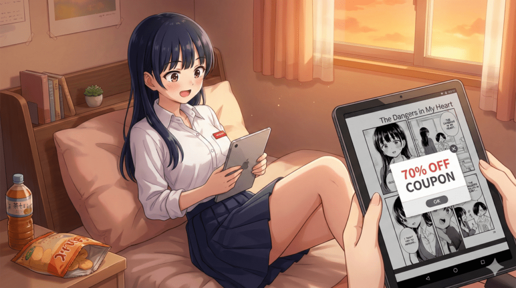 『僕の心のヤバイやつ』をお得に読む方法を紹介。タブレットで電子書籍の割引クーポンを見て喜ぶ山田杏奈のイラスト。