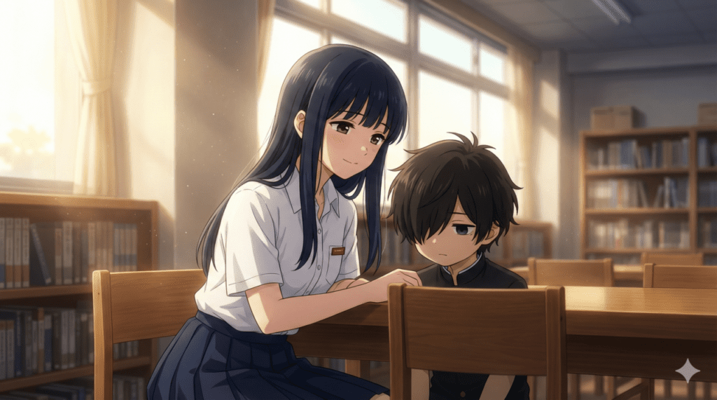 『僕の心のヤバイやつ』のあらすじと見どころを解説。図書室の窓際で、市川京太郎と並んで座り、優しく微笑む山田杏奈の胸キュンシーン。