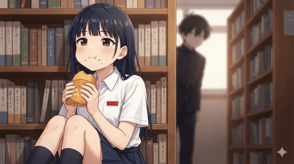 『僕の心のヤバイやつ』第1巻のあらすじ解説。図書室でお菓子を頬張り、無防備な素顔を見せる山田杏奈のアイキャッチ画像。