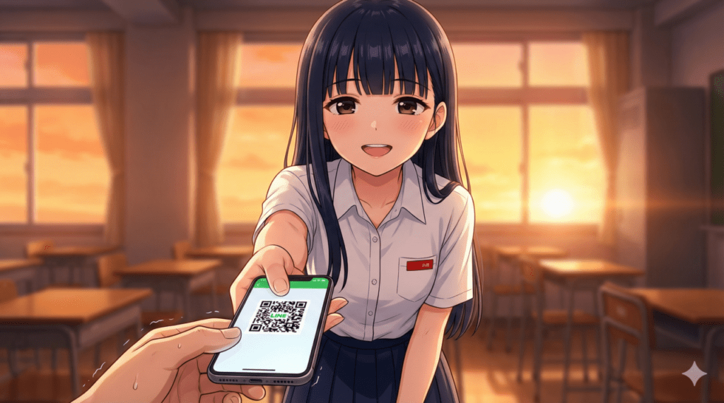 『僕の心のヤバイやつ』第2巻のあらすじ解説。放課後の教室で、山田杏奈が市川京太郎にスマホのQRコードを見せて連絡先を交換しようとしている胸キュンシーンのアイキャッチ画像。