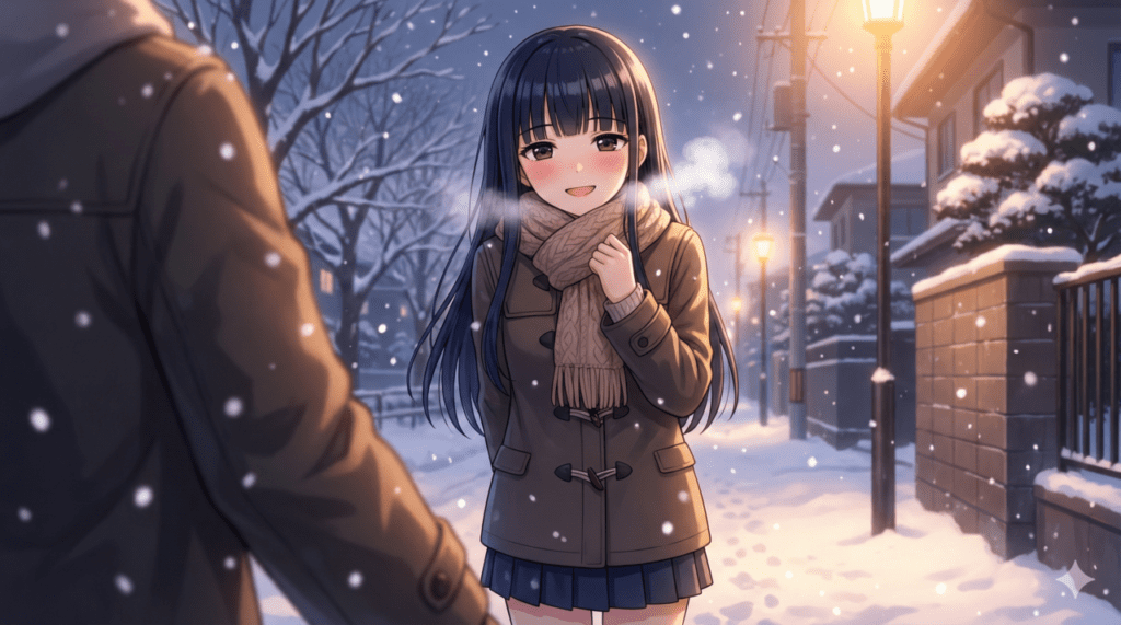 『僕の心のヤバイやつ』第3巻のあらすじ解説。雪が舞う冬の夕暮れ、待ち合わせ場所で再会し、互いに温かい視線を交わす山田杏奈と市川京太郎のアイキャッチ画像。