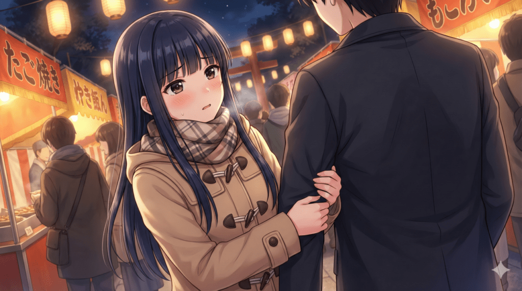 『僕の心のヤバイやつ』第4巻のあらすじ解説。初詣の人混みで、市川京太郎のコートの袖をギュッと掴み、不安げに見つめる私服姿の山田杏奈のアイキャッチ画像。