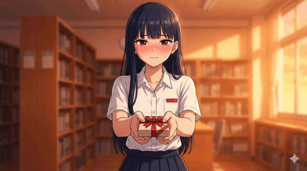 『僕の心のヤバイやつ』第5巻のあらすじ解説。夕暮れの図書室で、照れながらバレンタインチョコを差し出す山田杏奈のアイキャッチ画像。