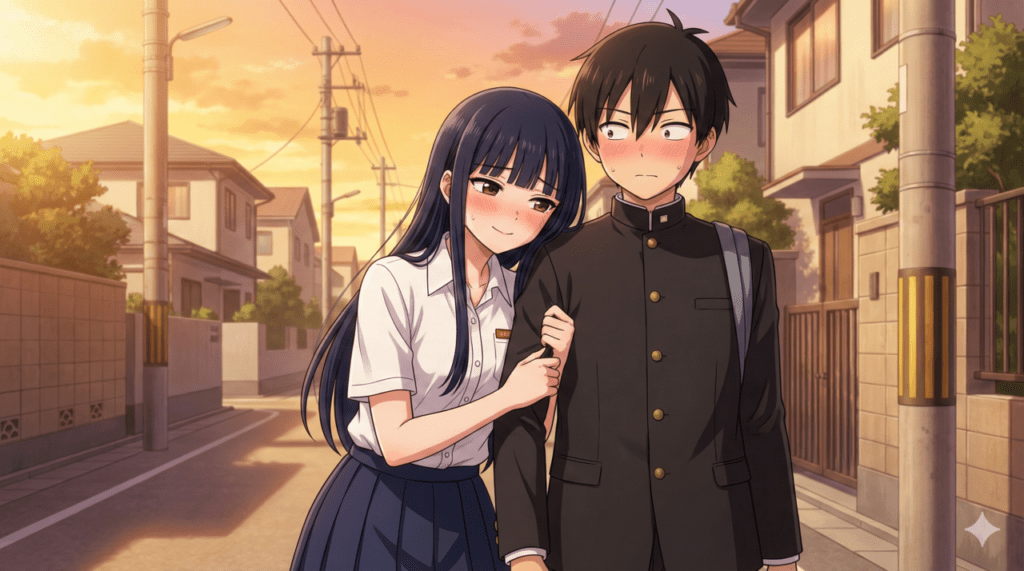 『僕の心のヤバイやつ』第8巻のあらすじ解説。正式に付き合い始め、夕暮れの帰り道で照れながらも寄り添って歩く山田杏奈と市川京太郎の初々しい姿を描いたアイキャッチ画像。