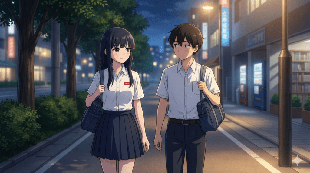 『僕の心のヤバイやつ』第9巻のあらすじ解説。夜の塾帰り、将来の夢と受験への不安を共有しながら、静かに、けれど力強く寄り添って歩く山田杏奈と市川京太郎のアイキャッチ画像。