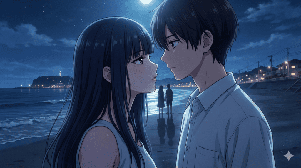 『僕の心のヤバイやつ』第10巻のあらすじ解説。鎌倉合宿の夜の海辺で、二人だけの秘密を共有し、強い絆と愛情を確かめ合う山田杏奈と市川京太郎のアイキャッチ画像。