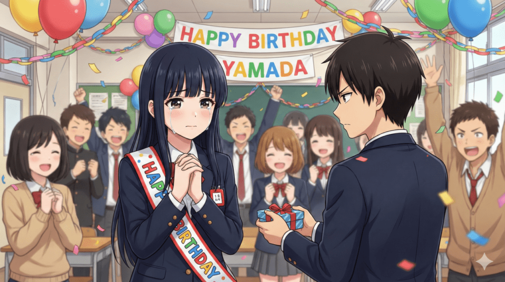 『僕の心のヤバイやつ』第11巻のあらすじ解説。クラスメイトによるサプライズ誕生日パーティーの喧騒の中、決意の表情で山田杏奈に向き合う市川京太郎と、感動で涙を浮かべる山田のアイキャッチ画像。