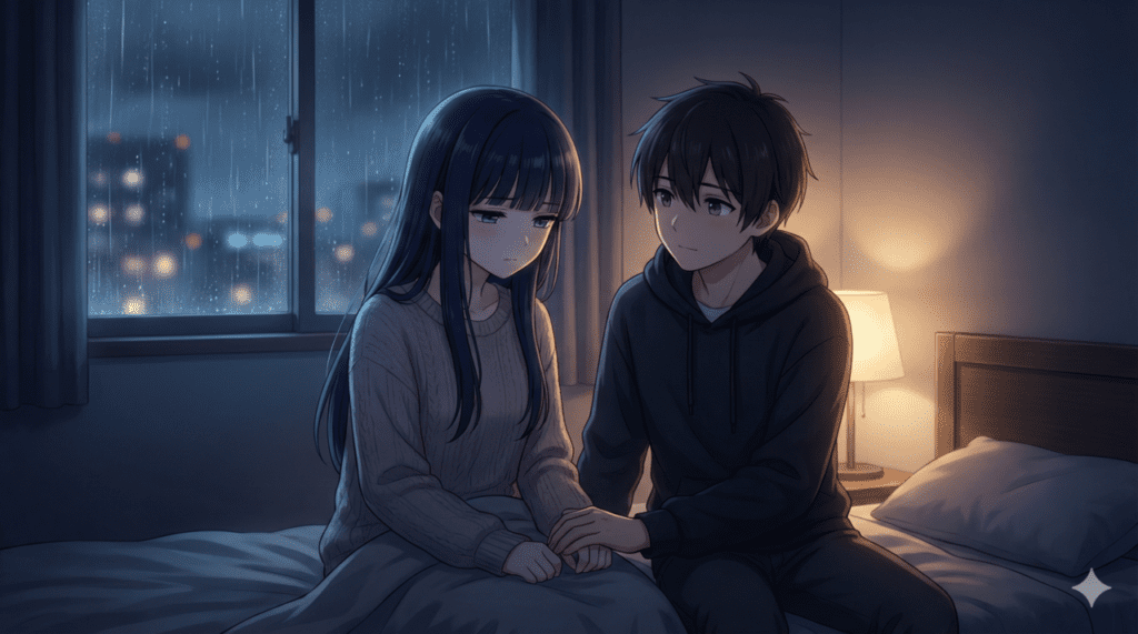 『僕の心のヤバイやつ』第12巻のあらすじ解説。雨の夜、薄暗い山田の部屋で、受験前の「会わない」という約束を抱えながら、静かに寄り添い語り合う山田杏奈と市川京太郎のアイキャッチ画像。