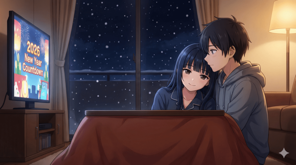 『僕の心のヤバイやつ』第13巻のあらすじ解説。山田家での居候生活の中、コタツで寄り添いながら2026年の年明けを共に迎える山田杏奈と市川京太郎。静かな決意と多幸感に包まれたアイキャッチ画像。