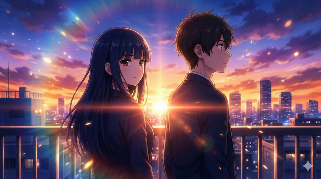 『僕の心のヤバイやつ』独自考察と2026年劇場版への期待。マジックアワーの美しい空の下で、共に未来を見つめる山田杏奈と市川京太郎。映画のポスターのような、壮大で感動的なアイキャッチ画像。