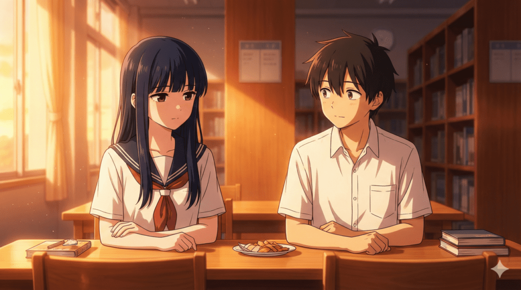 『僕の心のヤバイやつ』読者の感想・口コミ紹介。物語の原点である図書室で、夕陽に包まれながら静かに寄り添い合う山田杏奈と市川京太郎。ファンの心を掴んで離さない、繊細な心理描写を象徴するアイキャッチ画像。