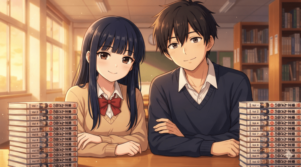 ブログ記事一覧用サムネイル。『僕の心のヤバイやつ』全巻あらすじ＆徹底考察記事のアイキャッチ。図書室で全13巻のコミックスに囲まれ、読者に穏やかな笑顔を向ける山田杏奈と市川京太郎。