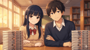 ブログ記事一覧用サムネイル。『僕の心のヤバイやつ』全巻あらすじ＆徹底考察記事のアイキャッチ。図書室で全13巻のコミックスに囲まれ、読者に穏やかな笑顔を向ける山田杏奈と市川京太郎。