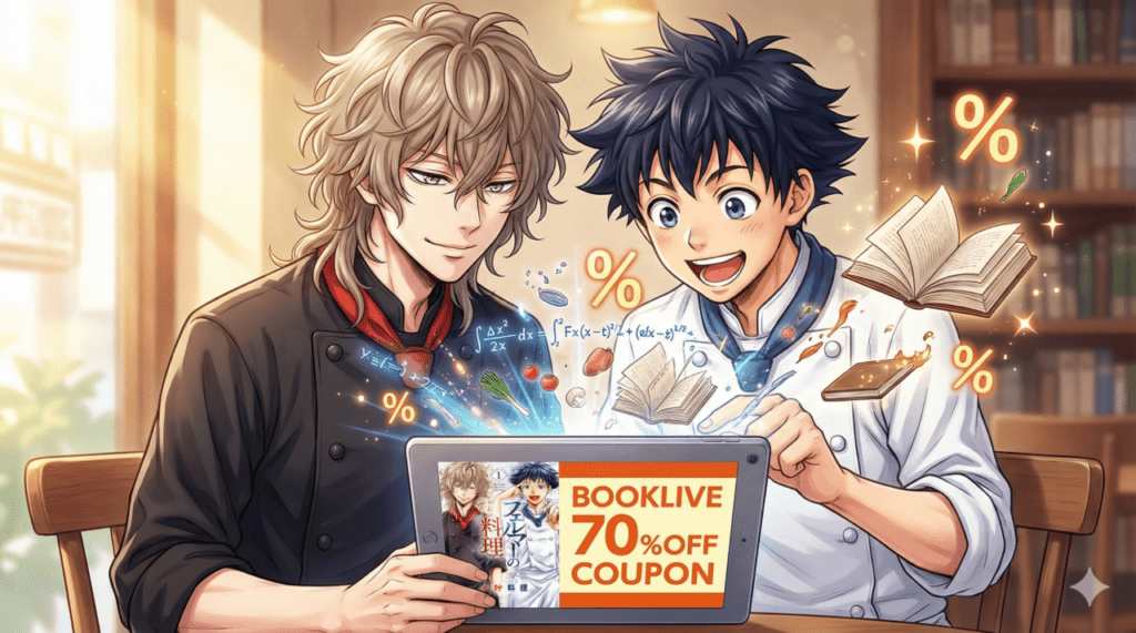 BookLiveの70%OFFクーポンを利用して、タブレットで「フェルマーの料理」を楽しそうに読むガクとカイのイラスト