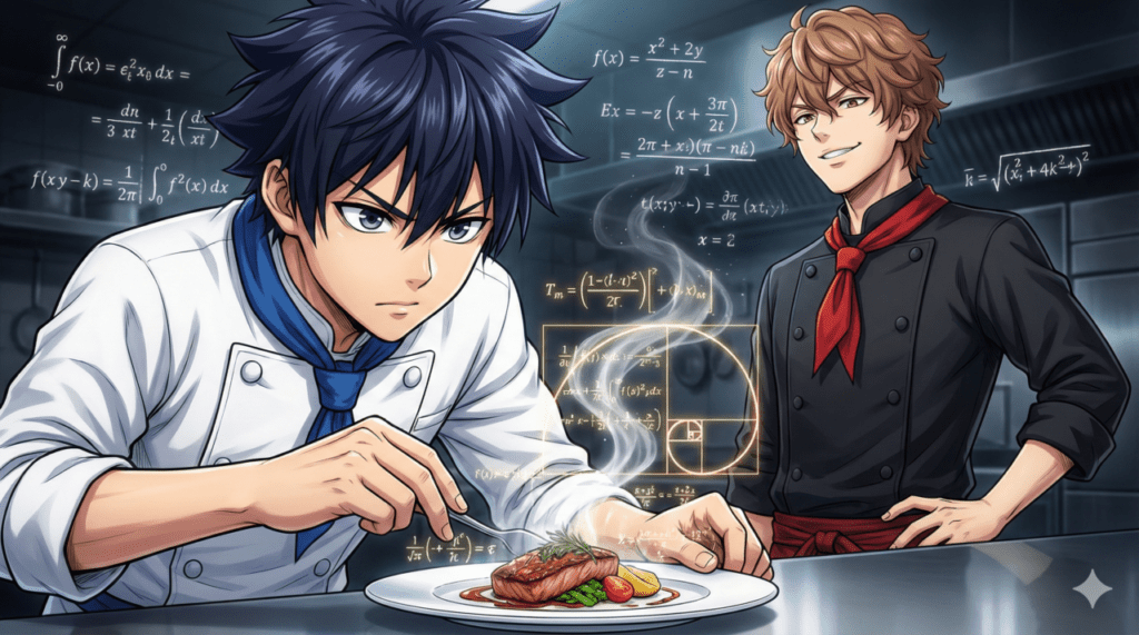 厨房で数式を計算しながら料理を完成させる北田岳と、不敵な笑みで見守る朝倉海の、知の格闘技を思わせる緊迫したシーン