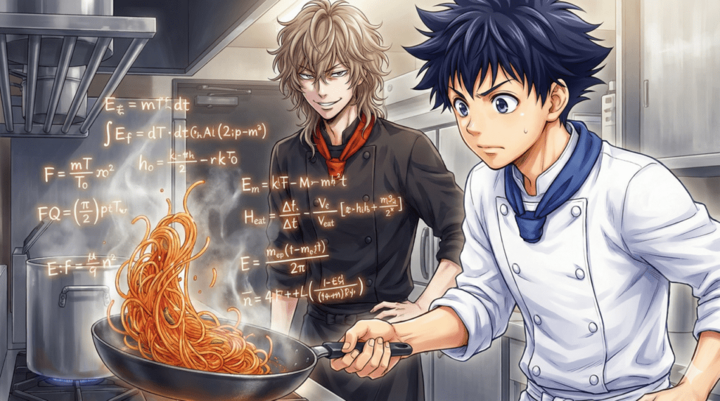 第1巻のあらすじ:キッチンでナポリタンを作る岳と、その料理に潜む数学的才能を見抜く海の鮮烈な出会いのシーン