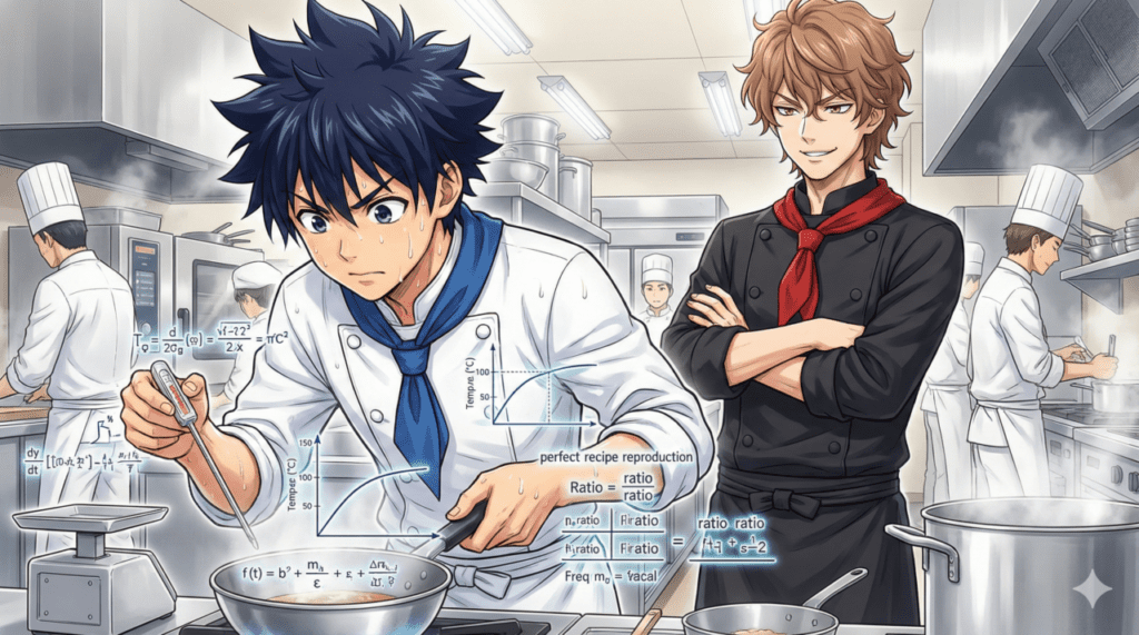 第2巻のあらすじ:プロの厨房で数式を駆使して完璧なレシピの再現に挑む岳と、その様子を冷静に見定める海の緊迫したシーン