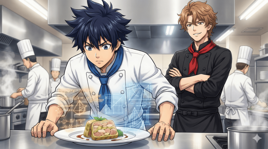 第3巻のあらすじ:厨房で既存の完璧なレシピを数学的思考で再構築しようと集中し覚醒する岳と、その様子を試すような視線で見守る海のイラスト