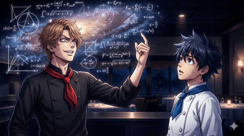 第4巻のあらすじ:料理で世界を定義する「神の数式」を狂気的な情熱で追い求める海と、その深淵な世界に直面し圧倒される岳の緊迫したイラスト