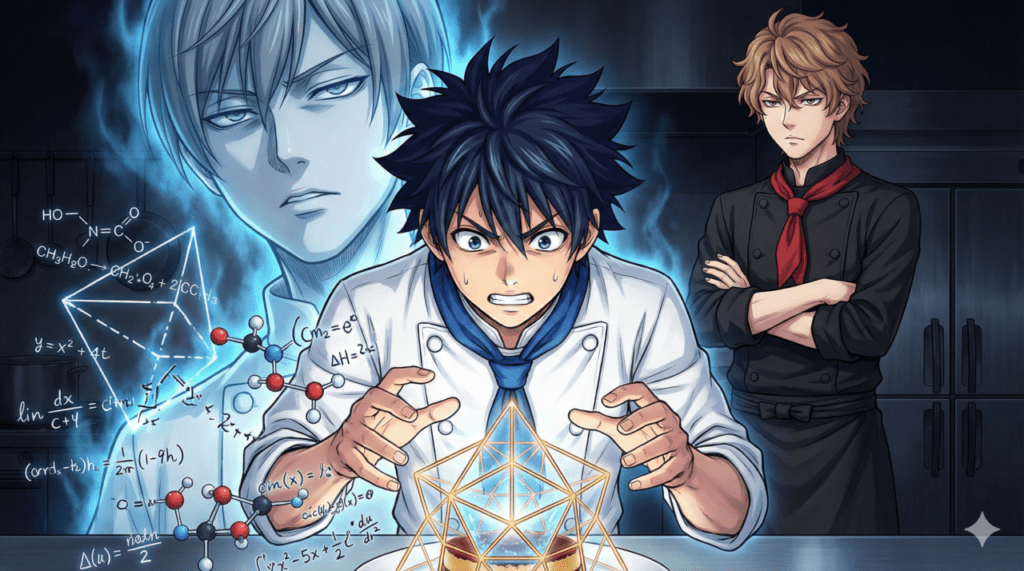 第5巻のあらすじ:背後から覆いかぶさる宿敵・広瀬の冷徹な幻影と、海の厳しい監視下で、数式と化学反応を駆使してデザートを完成させようと覚醒する岳の緊迫したイラスト