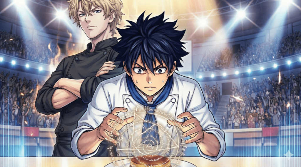 第7巻のあらすじ:料理大会「アラカルト・ドール」のステージで、数学的思考を結実させた料理を前に真剣な表情の岳と、その背後から圧倒的な威圧感で見下ろす絶対王者ジャン・カルテスの対峙を描いたイラスト