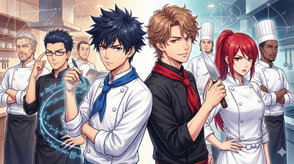 登場人物紹介:数学の武器を持つ岳、カリスマシェフの海、そして蘭菜らレストラン「K」の実力派シェフたちが集結した、キャラクターの個性が際立つイラスト