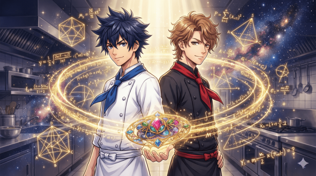 厨房と宇宙が融合した幻想的な空間で、黄金色に輝く数式と至高の料理を前に、背中合わせで自信に満ちた表情を見せる岳と海のイラスト