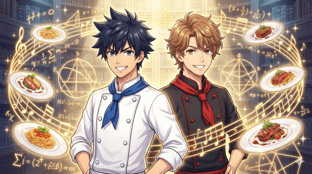 数学と料理のシンフォニーが鳴り響く中、自信に満ちた笑顔で並び立ち、物語の完結とBookLiveでの体験を祝う岳と海の壮大なイラスト