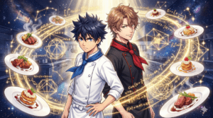 「フェルマーの料理」ブログ記事のメインアイキャッチ画像。二人の周囲を黄金色に輝く数式や幾何学模様の渦が巻き、その中に様々な美味しい料理の皿が浮かんでいる。背景はプロの厨房と広大な星空が融合した幻想的な空間で、「数学と料理の融合」という作品の壮大なテーマを象徴的に表現している。