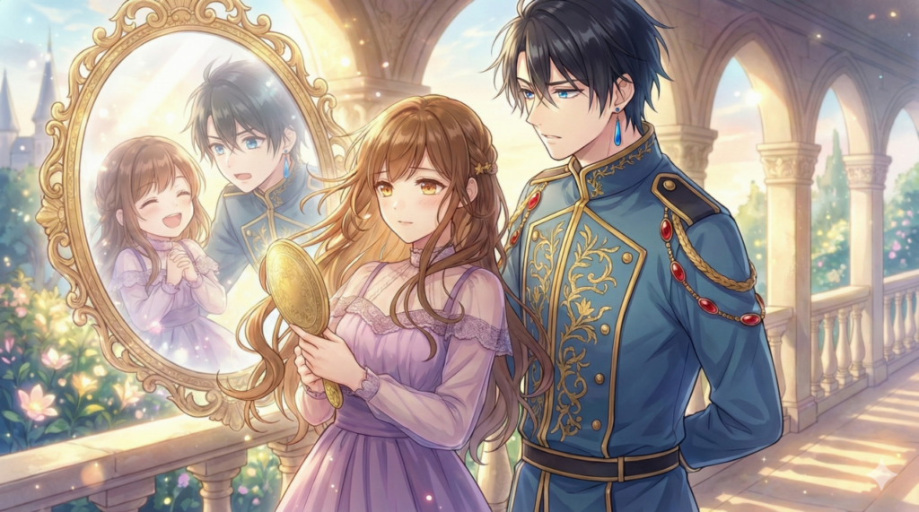 『異世界で姉に名前を奪われました』第1巻のあらすじ紹介。手鏡に映る幼い日の思い出と、名前を奪われた現在の一花、そして違和感を抱くセシルの再会シーン。