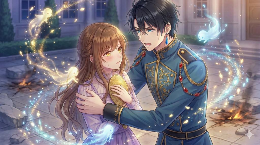 『異世界で姉に名前を奪われました』第3巻の見どころ。一花の覚醒と、セシルが彼女の正体に迫る緊迫の問いかけシーンを描いたドラマチックなイラスト。