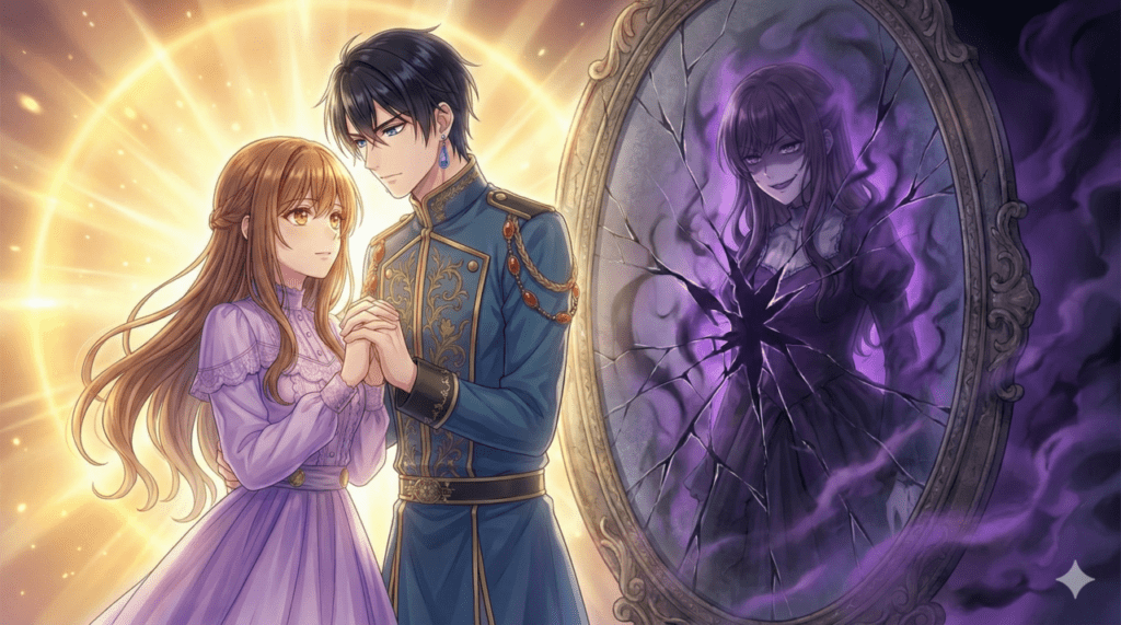 『異世界で姉に名前を奪われました』の独自考察。偽りの名前を騙る姉の影と、魂で惹かれ合う一花とセシルの真実の絆を象徴的に描いたイラスト。