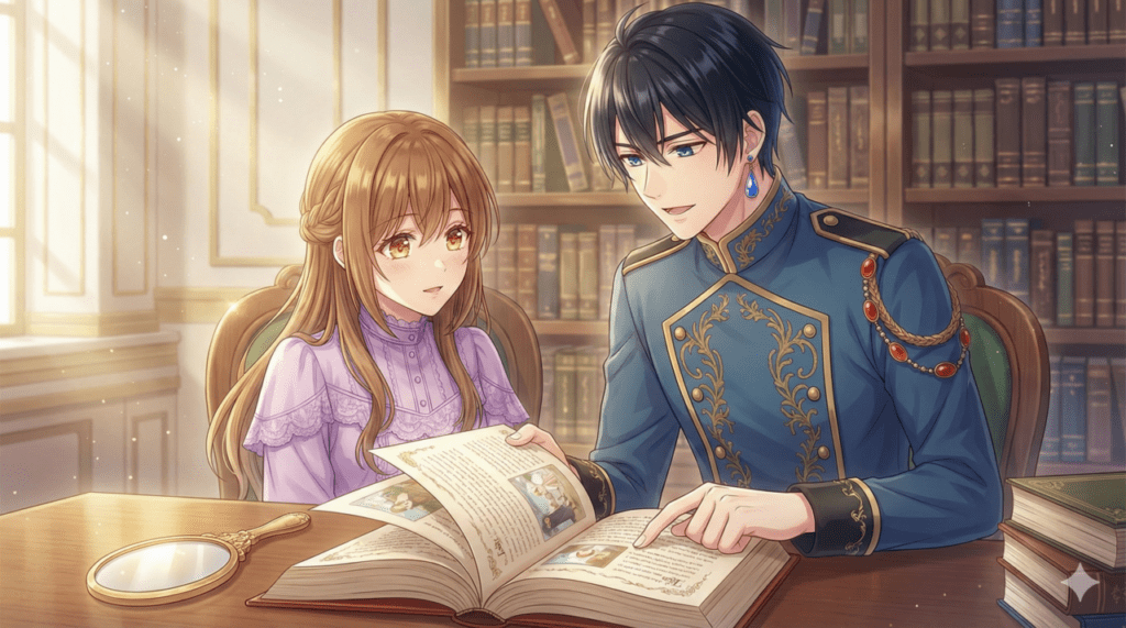 『異世界で姉に名前を奪われました』のよくある質問まとめ。図書室で仲睦まじく本を読みふける一花とセシル。物語の謎や関係性の変化を解説する記事のアイキャッチ画像。