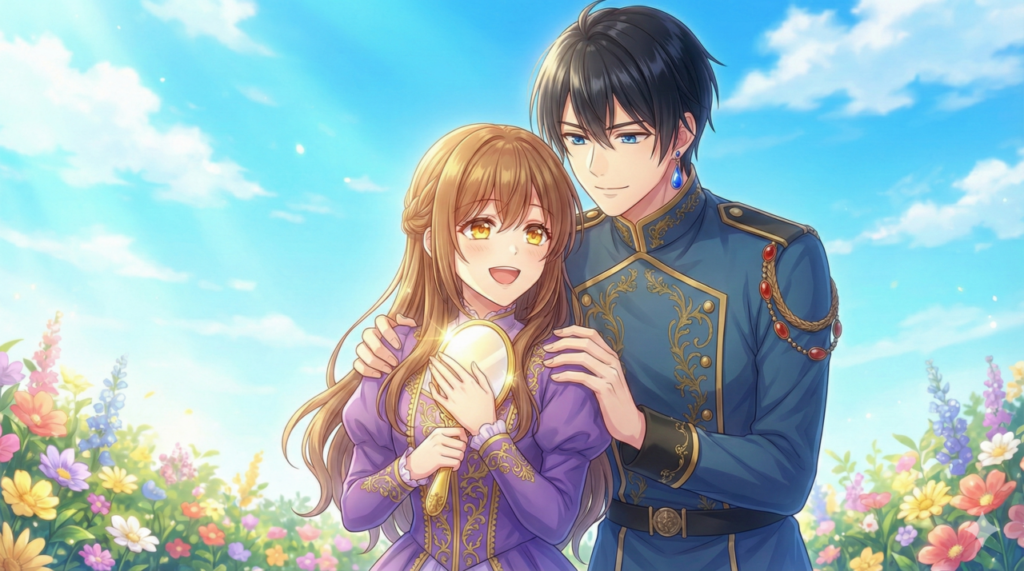 『異世界で姉に名前を奪われました』まとめ。苦難を乗り越え、真実の愛と名前を取り戻した一花とセシルの最高の笑顔。物語のハッピーエンドを象徴する多幸感あふれるイラスト。