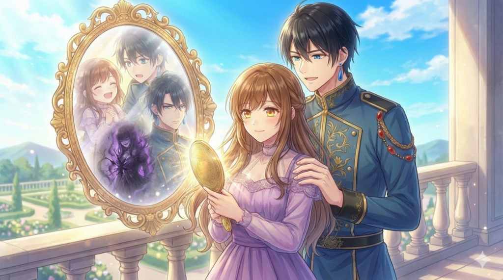 『異世界で姉に名前を奪われました』の全容を象徴するメインアイキャッチ。鏡に映る幸せな過去と偽りの姉の影、そして運命に立ち向かい絆を深める一花とセシルの姿を描いた豪華なまとめイラスト。