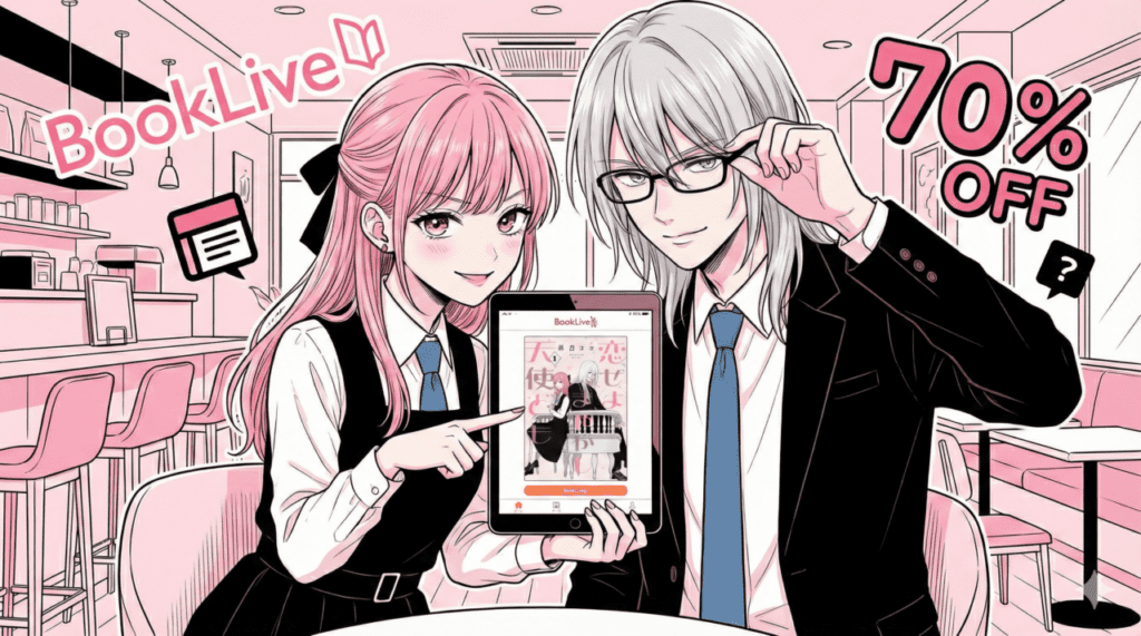 『恋せよまやかし天使ども』のキャラクターがBookLiveで電子書籍を70%OFFでお得に読む方法を紹介しているアイキャッチ画像