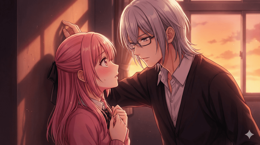 『恋せよまやかし天使ども』2巻の見どころ。夕暮れの教室で、一刻がおとぎに迫り、互いに特別な感情を意識し合う緊張感のあるアイキャッチ画像