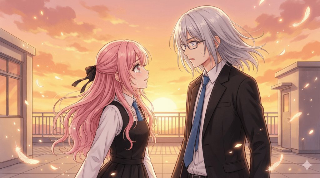 『恋せよまやかし天使ども』3巻のクライマックス。夕暮れの屋上で、涙を浮かべて一刻に告白するおとぎと、驚きを隠せない一刻の感動的なアイキャッチ画像。