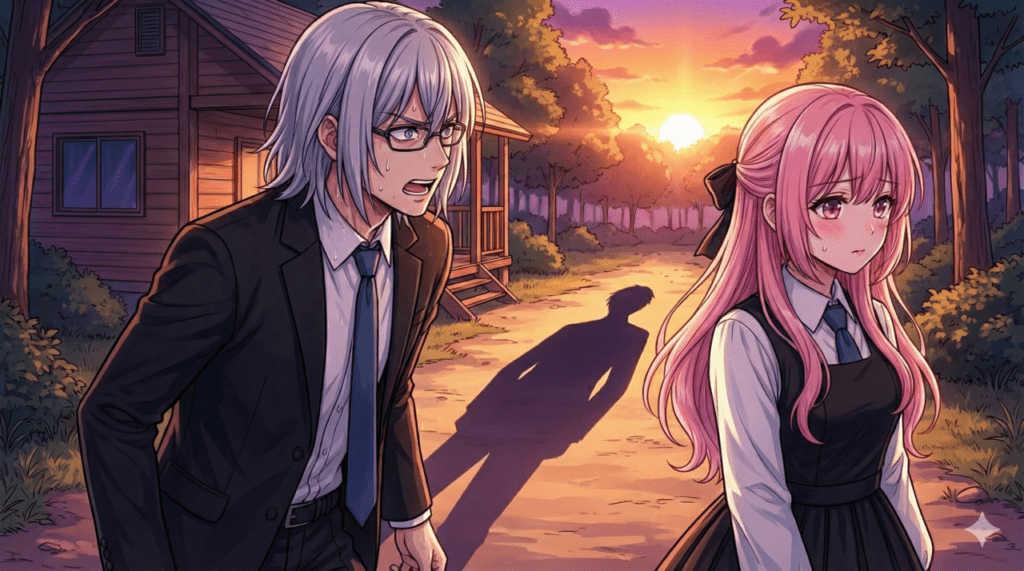 『恋せよまやかし天使ども』6巻アイキャッチ。夏休みの夕暮れ、必死な一刻と戸惑うおとぎの間に、画面外からライバルのリアルで長い影が割り込む緊迫のシーン。