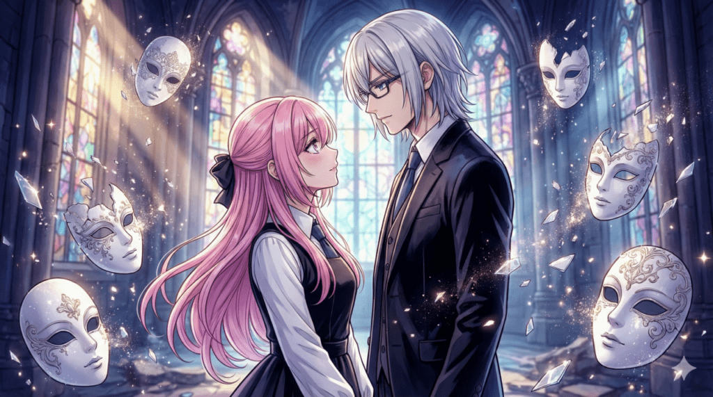 『恋せよまやかし天使ども』考察記事アイキャッチ。完璧な仮面が砕け散る幻想的な空間で、互いの素顔と秘密を共有する「共犯者」としての眼差しを交わすおとぎと一刻。