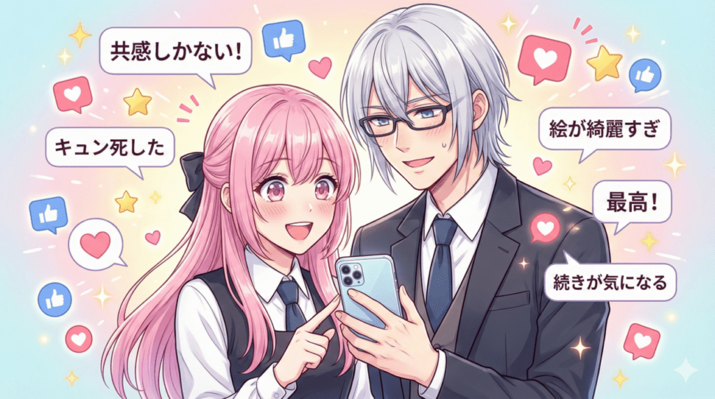 『恋せよまやかし天使ども』読者感想まとめ記事アイキャッチ。スマホでSNSの絶賛コメントを見て、顔を見合わせて喜ぶおとぎと一刻のイラスト。