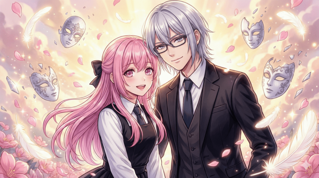 『恋せよまやかし天使ども』まとめ記事アイキャッチ。数々の困難を乗り越え、真実の笑顔で寄り添い合うおとぎと一刻の、希望に満ちたフィナーレイラスト。