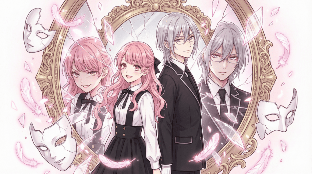 マンガ『恋せよまやかし天使ども』特集記事のメインアイキャッチ。完璧な仮面を被った表の顔と、秘密を共有する二人の素顔が交錯する、おとぎと一刻の美麗なメインビジュアル。