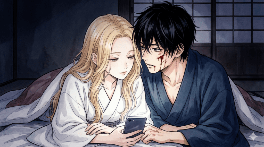 BookLiveで『ホタルの嫁入り』をスマートフォンで読む、紗都子と進平のイラスト。画面の光が二人の顔を照らし、物語に夢中になっている様子。