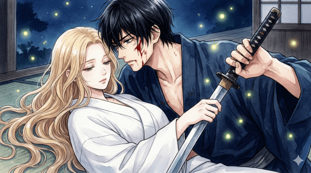 明治時代の夜、刀を手に紗都子を守る進平のイラスト。ホタルが舞う中、愛と狂気が入り混じる緊迫した表情の二人。