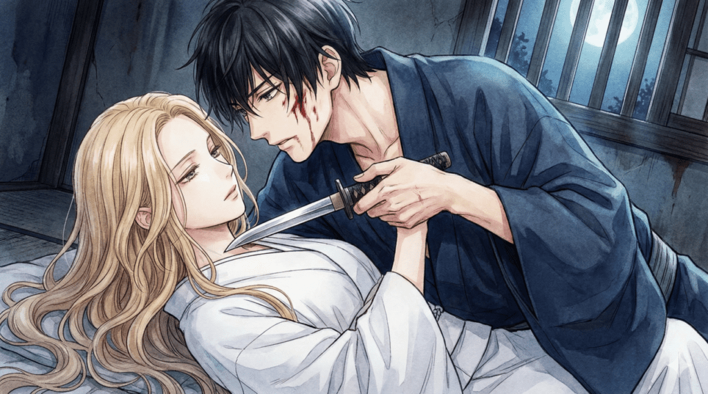 短刀を突きつけられながらも、強い意志で暗殺者・進平を見つめ返す紗都子のイラスト。第1巻の命懸けの契約シーン。