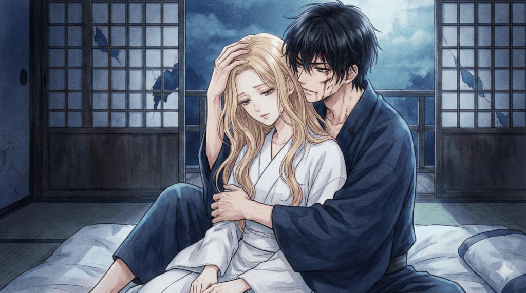 戦闘の跡が残る部屋で、進平が紗都子を背後から強く抱きしめるイラスト。進平の独占欲と、それに戸惑いながらも依存する紗都子の切なくも危うい関係性が描かれている。