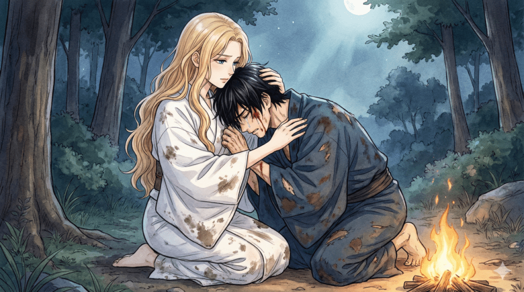 初めて弱さを見せる進平を、覚悟を決めた紗都子が優しく抱きしめるイラスト。第4巻の試される愛と絆の深まりが描かれている。